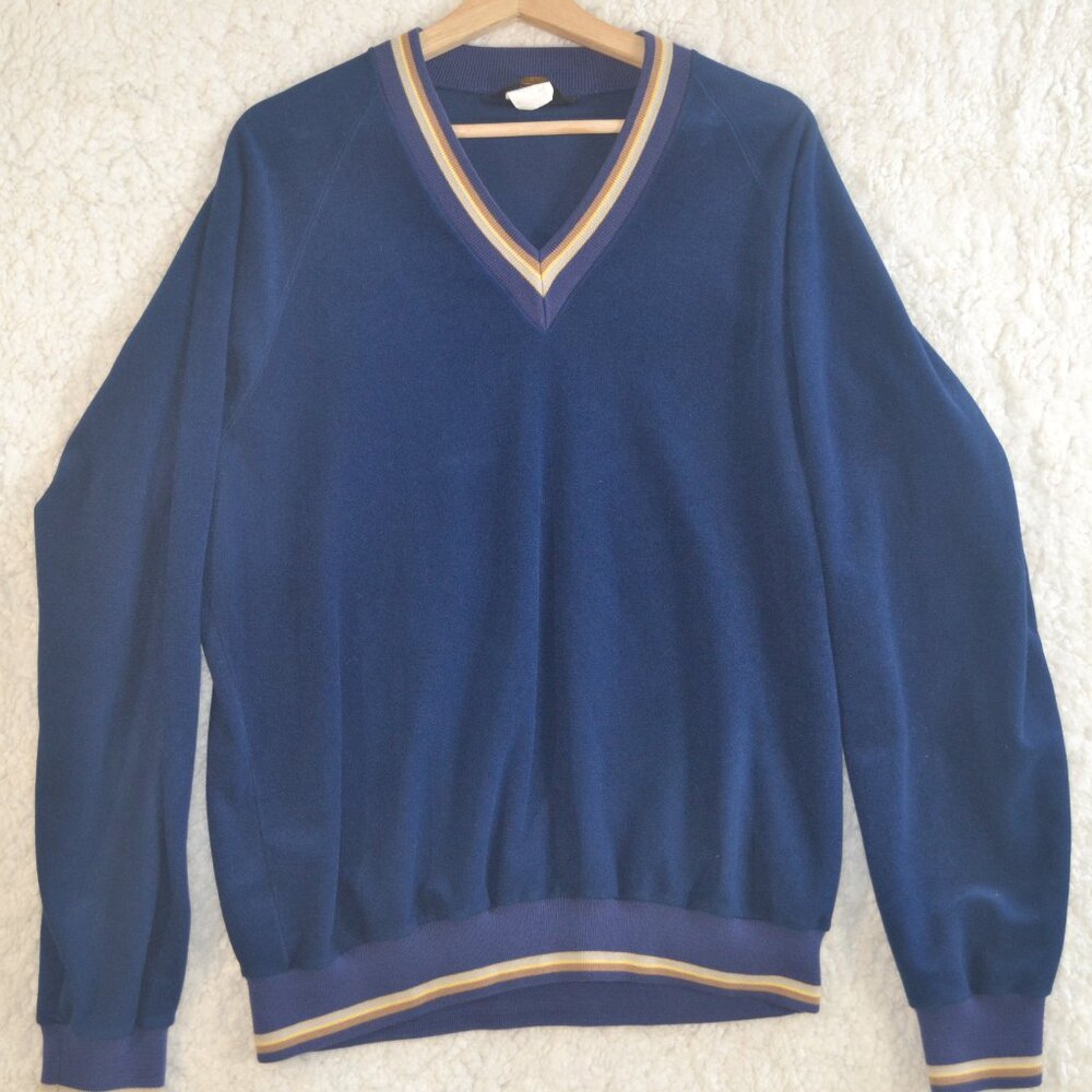 Vintage Lee Velour Long Sleeve Pullover V Neck Mens XL Soft Blue Sweatshirt